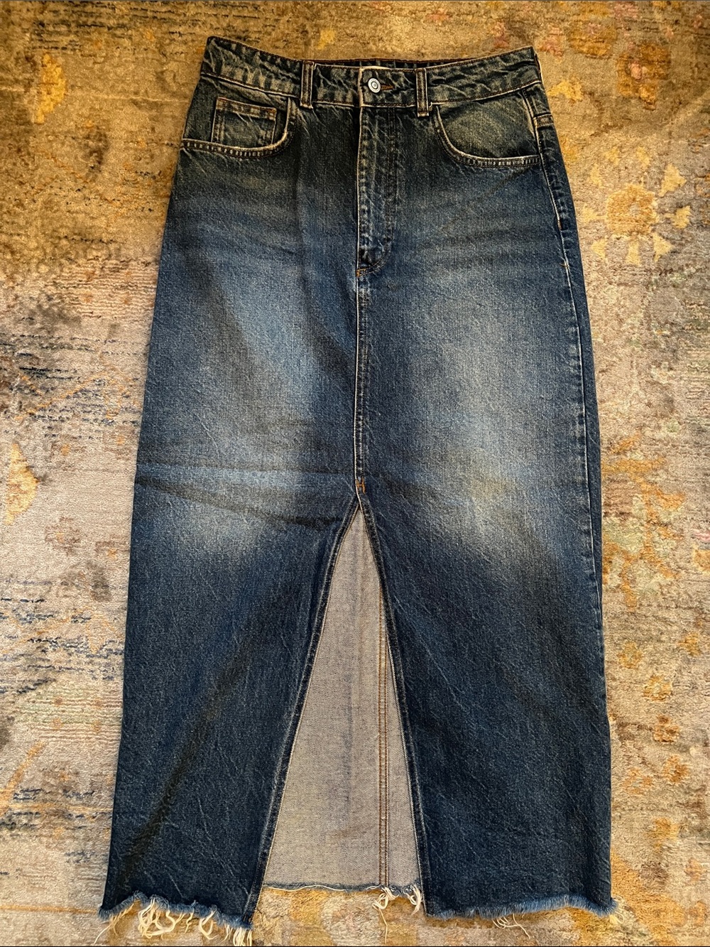 Zara distressed Dark Blue Denim Skirt with Front Slit women’s medium